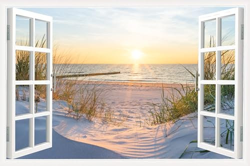 3D Window Effect Landscape Canvas Wall Art White Beach Nature Wilderness Photography Artwork Pictures for Canvas Wall Decor for Living Room Bedroom Office,Framed Prints Ready to Hang - 36W x 24H