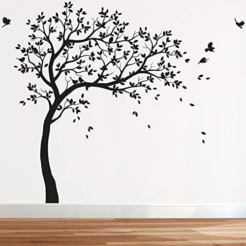 Großer Wandaufkleber Baum Mit Vögeln - Kinderzimmer Wandsticker Vinyl Wanddekor KW032 (Äste Nach Rechts, Alles in Schwarz)