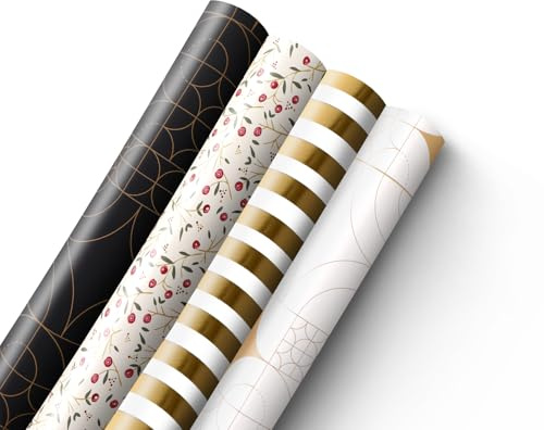 Kraft & Co 4 pack 44cm x 5M of Gift Wrapping Paper, Quality Festive Designed Kraft Paper, Eco-Friendly, Recyclable Wrapping Paper Ideal for Gifts, Arts & Crafts (20M Total) - Traditional