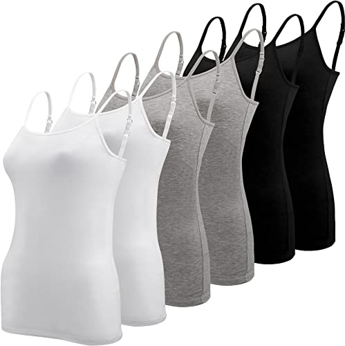 BQTQ 6 Stück Unterhemd Damen Spaghetti Top Unterhemd Spaghettiträger mit Verstellbarer Strap Basic Cami Tank Top für Frauen, Schwarz, Weiß, Grau, L