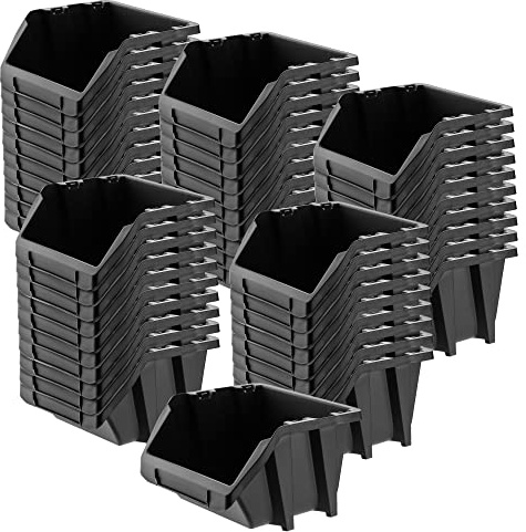 KADAX Storage Bins, Plastic Organiser for Workshop and Garage, Storage Boxes for Screws and Nails, Stacking Bins (Black, 187 x 158 mm, Set of 50)