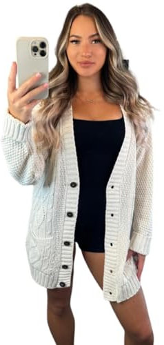 Women’s Long Sleeve Grandad Open Front Button Top Chunky Aran Cable Knitted Cardigan Ladies Sweater Winter Jumper Cream 20-22