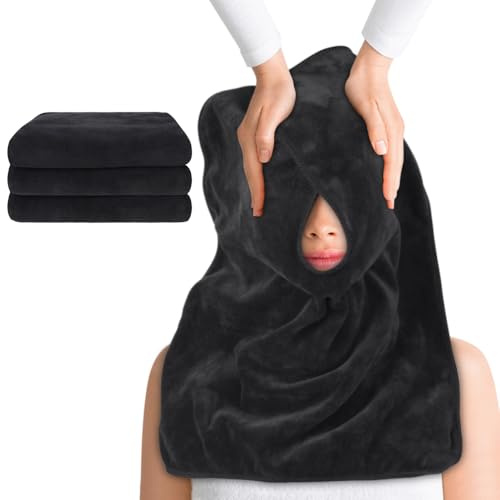 SINLAND 3 stücke Mikrofaser Gesichtstücher für Ästhetiker Schwarz 40x50cm | Weich Gesichtsreinigungstücher Nasenschlitztücher Massageliege Spa Handtücher für Gesichtsdampf Massage und Reinigung