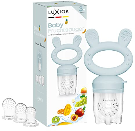 Ensemble tétine grignoteuse pour bébés Luxior ice| 1 tétines grignoteuses pour bébés + 3 embouts| sucettes à remplir de fruits et légumes|pour bébés de 3 mois et plus|Aide à la dentition sans BPA