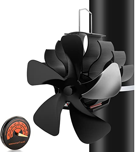 PYBBO Wärmebetriebener Holzkamin-Ventilator, Rohr-Kaminventilator, 5 Flügel, geräuschloser Betriebsmotoren, Winter-Kokonofen-Ventilator für Holzofen/Pellet/Holzscheit mit magnetischem Thermometer