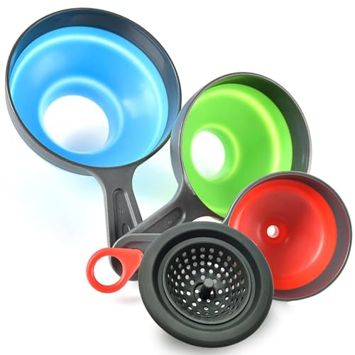 AMZVIO 3Pack Plastic Funnel Set for Kitchen Use, Food-grade Silicone, Collapsible, Wide Mouth Large Small, Strainer for Mason Jars Canning, BPA-free