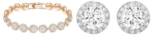 Swarovski Angelic Armband, Rund, Weiss, Roségold-Legierungsschicht & Angelic Ohrstecker, Rundschliff, Weiß, Rhodiniert
