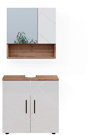 Vicco Badmöbel-Set Weiß Hochglanz/Goldkraft Eiche Irma, bestehend aus Badezimmerspiegel, Waschbeckenunterschrank - Versteckter Stauraum hinter eleganten Türen