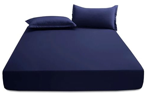 Ev Dekor Fitted Sheet Double, Navy - Deep Pocket Bedsheet 10inch (25 cm) - Soft Brushed Microfiber Fabric - Shrinkage and Fade Resistant - Bottom Sheet - Double Fitted Bed Sheets