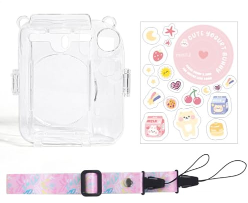 Longzhuo instax Mini 12 Tasche PU Leder Tasche Schutzhülle Hülle,Transparent Hart PVC Schutzhülle Reise Kameratasche Hülle Abdeckung mit abnehmbaren Riemen und Aufkleber(Cartoon Aufkleber)