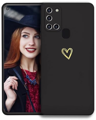 POUHYE Handyhülle für Samsung Galaxy A21S Hülle, Soft Silikon Case mit Herz, Kameraschutz und Bildschirmschutz, Ultra Dünn Stoßfest Anti-Rutsch Schutzhülle für Samsung Galaxy A21S Schwarz