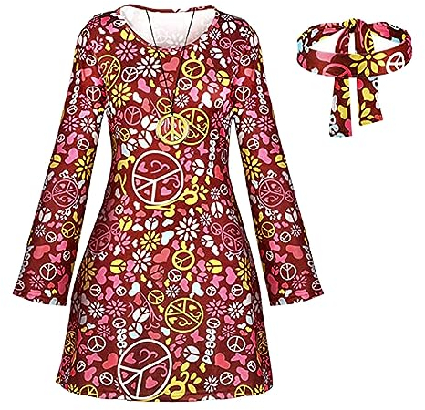 Fulidngzg 2 Stück Hippie Kostüm Damen Set, 60er 70er Kleid Hippie Kleidung Frauen Mädchen Disco Kleider, 70er Jahre Bekleidung Damen, Hippie Kostüm Damen Accessoires für Halloween Karneval Cosplay