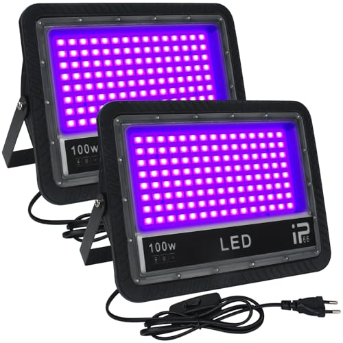 CREATESTAR Luz Negra 100W, Luz Negra UV con Enchufe 2 Pack, 395-405nm Foco Luz Negra IP66 Impermeable Luz Ultravioleta para Fiesta Fluorescente, Discoteca, Halloween, Bar