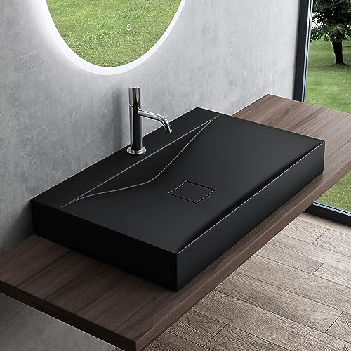 Mai & Mai Lavabo Suspendu Noir Mat 80x48x10cm Vasque à Poser Rectangulaire avec Perçage pour Robinet et Cache Bonde Col810-800