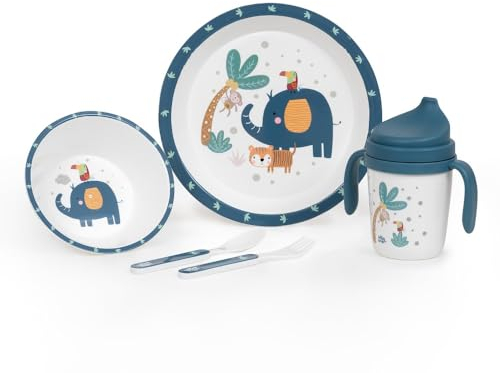 Danielstore Vajilla Bebé 5 Piezas | Apta Microondas y Lavavajillas | Libre de BPA | Incluye Plato, Cuenco, Cubiertos y Vaso con Pitorro, Juego de 5 Piezas | Babero incluido (Jungla azul)