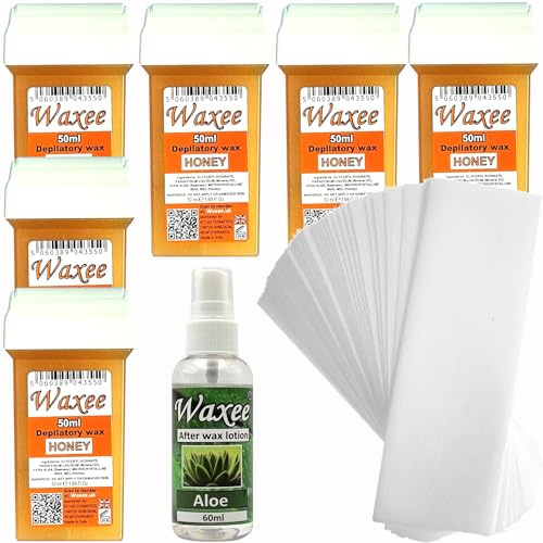 Recharges de cire de 50 ml compatibles avec les cartouches de cire à bille Veet EasyWax de 50 ml, miel, 6 pièces + bandes d'épilation + huile après cire.
