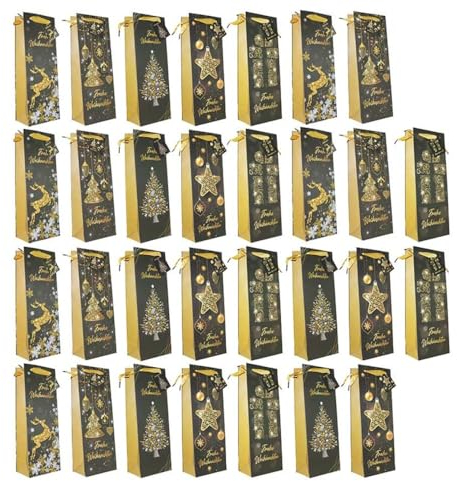 30 Premium Flaschentüten Weihnachtstüten Gold 190g/m² Flaschentasche Weihnachten mit UV Spot Lackierung und Trageband in Gold inkl. Namenskarte