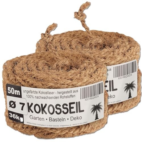 deli4you Kokosseil Baumbinder 7mm 2x50 m Doppelpack- Kokosfaserseil Kokosstrick für Bäume Baumband unbehandelt – Gartenkordel wetterfest reißfest aus nachwachsenden Rohstoffen