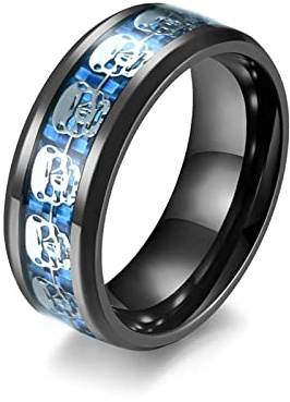 Lieson Verlobungsring Edelstahl Männer, Totenkopf 8MM Kohlefaser Freundschaftsringe Eheringe Hochzeitsringe Partnerringe für Herren Schwarz Gr.57 (18.1)