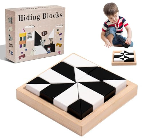 GGesii Montessori Geometrische Form Puzzles, Hidden Block Puzzle, Verstecktes Holzblock-Puzzle, für Kinder, Erwachsene (Schwarz und weiß)