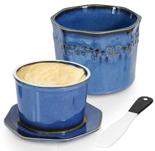 280g Mantequillera Francesa, Mantequillera Azul Océano con Tapa y Cuchillo de Cerámica, Mantequillera de Cerámica con Línea de Nivel de Agua para Untar Mantequilla Fresca, Apta para Lavavajillas