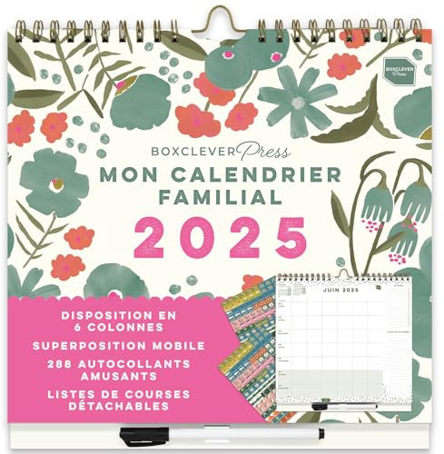 Boxclever Press ‘Mon Calendrier Familial’. Calendriers muraux à 6 colonnes. Calendrier 2025 mural de jan - déc 25. Calendrier familial 2025, planning semaine avec listes & autocollants.