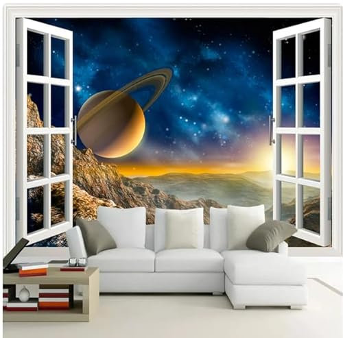 Carta da parati 3D Finestra esterna Paesaggio Pianeta Murale da parete Soggiorno Divano TV Sfondo Carta da parati per pareti della camera da letto, 3D, 150x105cm