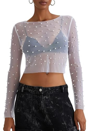 YILEEGOO Women's Sexy See Through Slim Fit Shirts Pearls Mesh Tops Long Sleeve Crew Neck Sheer Blouse Streetwear (White, XL)