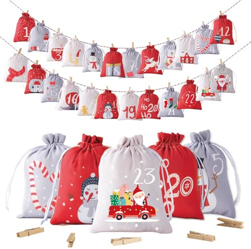 Adventskalender zum Befüllen, 24 Adventsäckchen zum Selbstbefüllen stoff, Weihnachtskalender Säckchen zum Selber Befuellbar Kinder 2025 (Rot)
