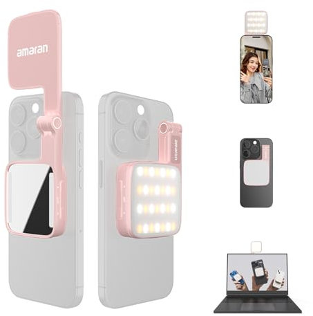 amaran Go Mini Luz para Teléfonos, LED Magnético Luz de Espejo, CCT Ajustable 2700K a 6500K, 10 Efectos de Iluminación, Carga Rápida USB-C, Luz Suave y Precisa para Creadores Móviles-Rosa