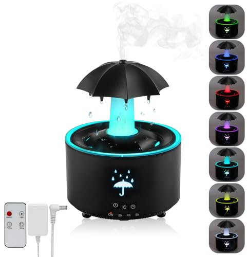 Humidifier for Bedroom, 7-Color Rotating Umbrella Diffuser with Rain Drop Effect, 300ML Small Humidifier Aroma Diffuser with Remote & Timer, Funny Rain Humidifier Gift for Kid Teen Women (Black)