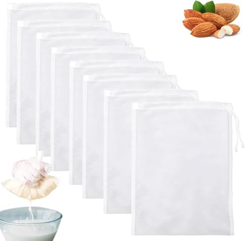 GUOYOU 10 Pack Micron Nylon Straining Bag, 200 MeshFine Mesh Food Strainer, for Straining Reusable with Drawstring and Colander with Handle, for Home Brewing Hops Grains Fruit Grape Wine(20 * 30CM)