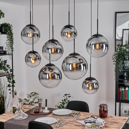 HOFSTEIN Hängeleuchte Gastor, 8-flammige Hängelampe aus Metall/Glas in Schwarz/Rauch/Klar, Pendelleuchte im Retro/Vintage-Design (Schirme Ø 20; 25; 30 cm), E27, Esszimmer, Wohnzimmer, Küche, Flur