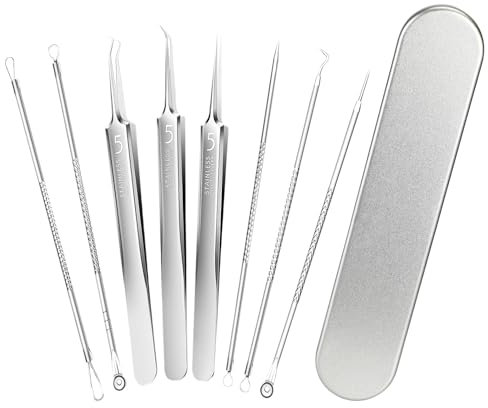 Juego de Removedor de Espinillas 8 Piezas, Extractor de Puntos Negros y Herramientas para Eliminar Acné, Comedones, Granos, con Pinzas y Caja de Metal
