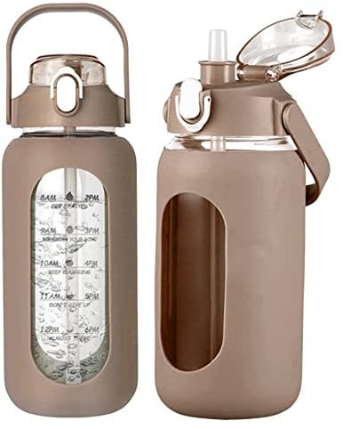 Cunlvyyds 32oz Water Bottle with Straw Glass Water Bottles with Time Marker and Silicone Sleeve Motivational Sports Drinking Bottle for School Office Use CoffeeBottles