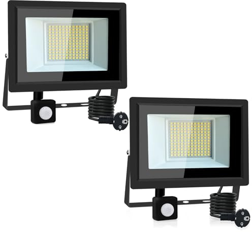 Hopelit 50W LED Strahler Außen, Led Strahler mit Bewegungsmelder Außen 3000K Warmweiß Superhell Scheinwerfer mit Stecker, IP66 Wasserdicht Led Strahler für Garten, Patio, Garage - 2 Stück