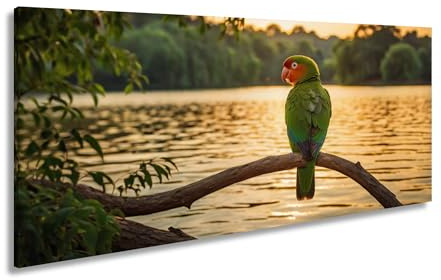 Leinwandbild Abendruhe – Papagei wacht über den goldenen See. Panorama 120x60cm XXL Kunstdruck Bild auf Keilrahmen/Wandbild/Wohnzimmer Dekoration