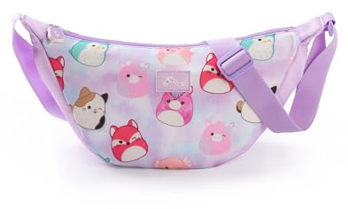 Squishmallows Girls Purple Body Bag | Adjustable Shoulder Strap Zip-up Carrying Bag | Various Squishmallows Character All Over Print | Cartoon Theme Personal Items Storage