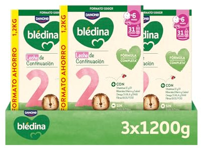Blédina 2, Leche de Continuación para Bebé, Fórmula Completa con Vitaminas, Minerales, Omega 3 y Fibras. Sin Aceite de Palma, Sin Conservantes Ni Azúcares Añadidos. Desde los 6 Meses, Pack 3x1.2g