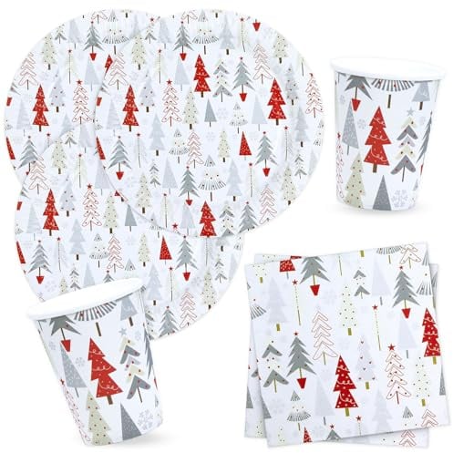 BFB Christmas Party Plates Napkins Cups Set White Xmas Tree Disposable Paper Plates for 16 Person