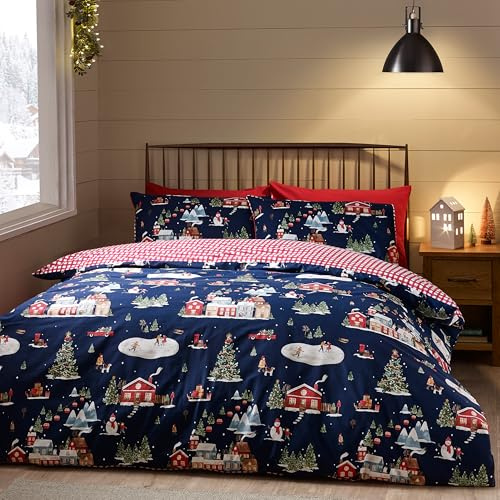 Catherine Lansfield Christmas Ski Village Reversible Super King Duvet Cover Set with Pillowcases Navy Blue