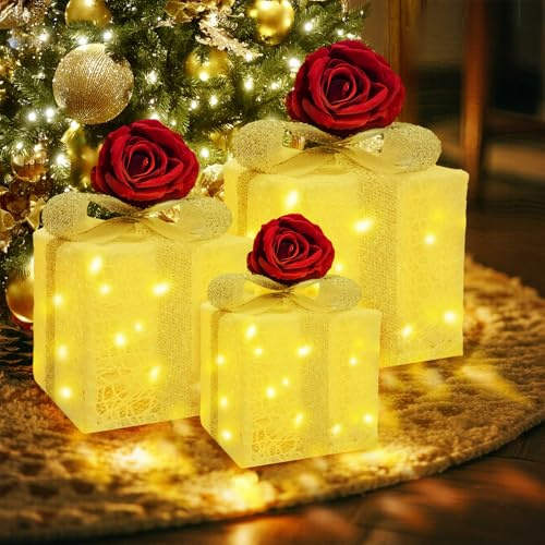 Fancysky Scatole Regalo Illuminate di Natale, Scatole Regalo Illuminate Natalizie con Timer e Telecomando,Decori Natalizi,Decorazioni Luminose per Albero Natale e San Valentino (Rose Rosse)