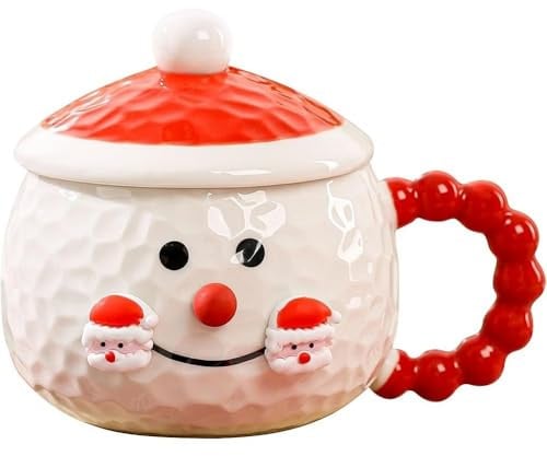 Huiyiwert süße Weihnachtstasse Cartoon 3D Schneemann Porzellbecher mit Deckel und Rührlöffel Kaffeetasse lustige Teetasse Weihnachtsbecher mit abnehmbar Silikon Figur (Rot)