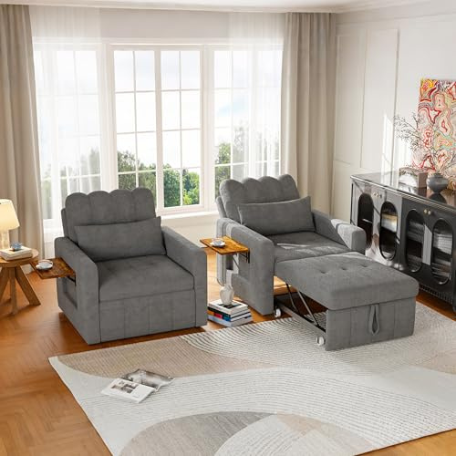 Silla cama 3 en 1, sillón convertible, sillón cama con función cama, sillón ajustable con cojín y bolsillo lateral, sillón con función de sueño para apartamentos pequeños (gris 3 en 1)