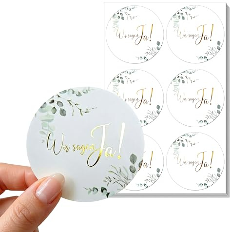Premium Hochzeit Aufkleber Wir sagen Ja! - 60 Stück (10 Bögen) 5cm Rund - Goldveredelte Eukalyptus Sticker für Freudentränen, Hochzeitseinladungen, Umschläge & Hochzeitsdeko