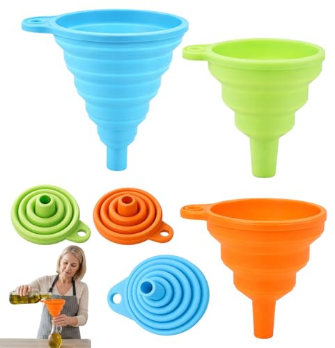 6 Stück Faltbarer Küchen Trichter, Trichter Küche,Mini Trich-ter, für Küche Haushalt Bier Öl Pulver Flüssigkeiten Übertragung, Bier Flüssigkeiten Übertragung, (Klein/Mittel/Groß) Je 2 Stück