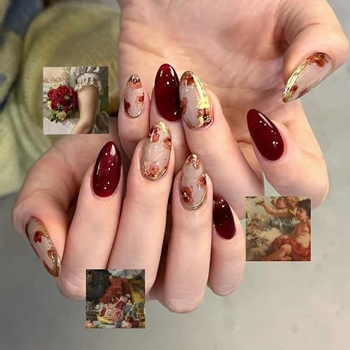 24pcs Medium Almond False Nails, Burgundy Red Press on Nails with Oil Painting Flower Design, Gold Foil Stick on Nail Tips Removable Glue-on Fake Nail Art Accessories for Women