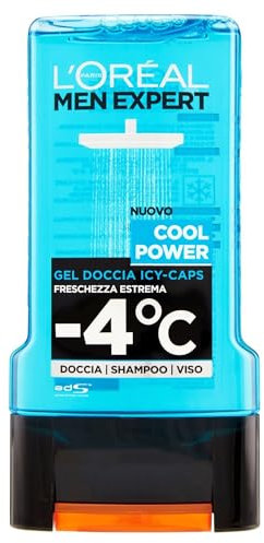 L'Oréal Paris Men Expert Cool Power Gel de ducha para hombres, efecto de mentol refrescante regenera la piel (cara, cuerpo y cabello) suavemente sin secarse, 1 x 300 ml