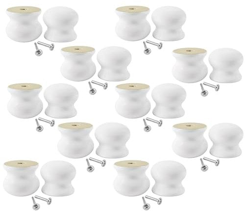 White Hinge Limited Set of 10 Traditional Plain White Ceramic Furniture Door & Draw Knobs 38mm Diameter