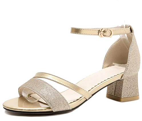 CUTEHEELS Sandali da donna con tacco a blocco, con punta aperta, gold, 34 EU